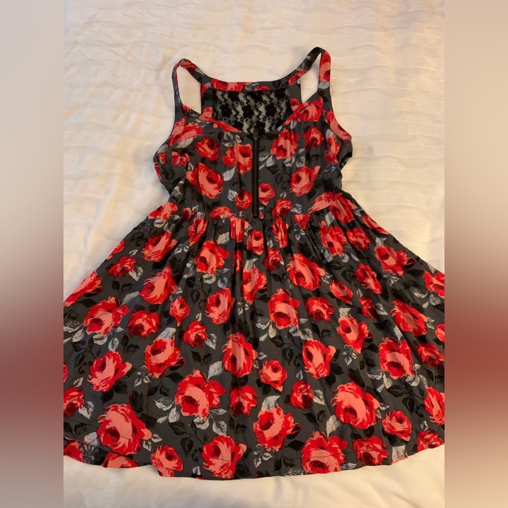 Material Girl juniors red and black floral dress with lace back panel and zipper